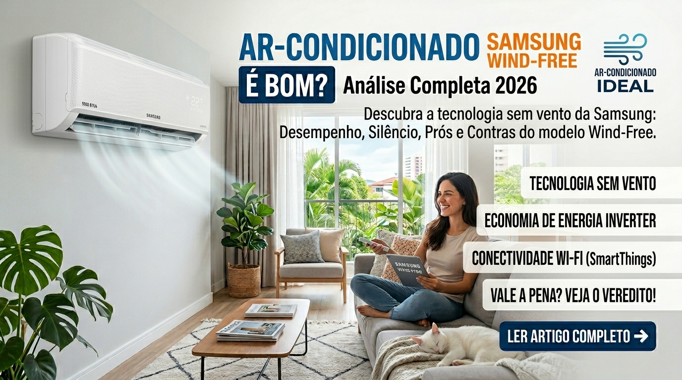 Banner promocional com análise técnica respondendo se o ar condicionado Samsung Wind Free é bom, destacando o design do aparelho em uma sala de estar moderna.