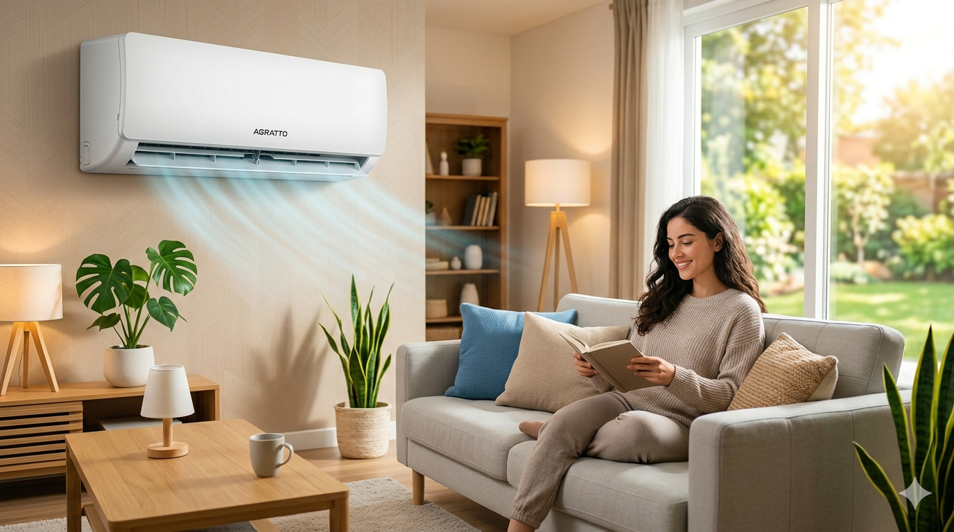 Foto de sala com ar-condicionado Agratto ligado e mulher sorrindo. Ar-condicionado Agratto é bom e silencioso.
