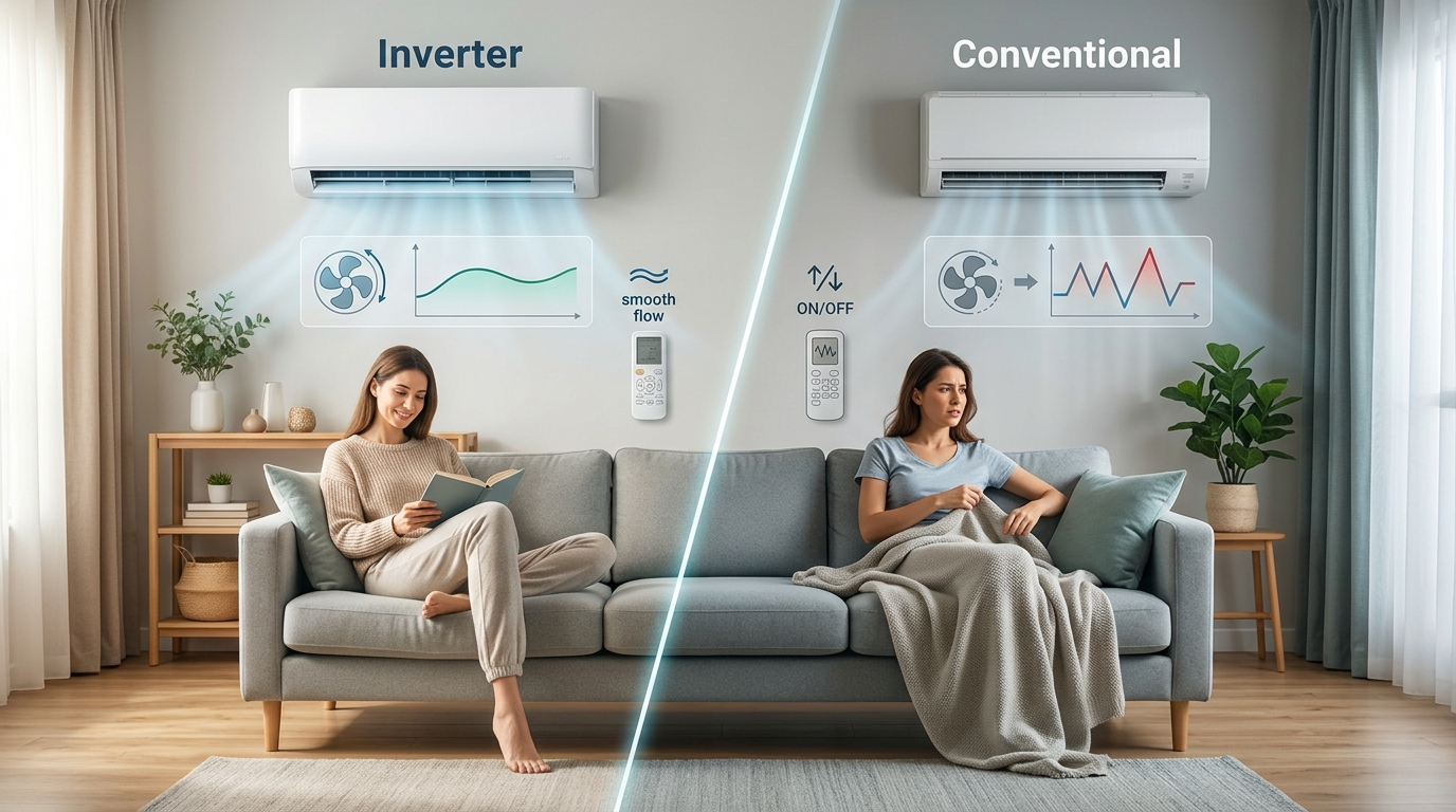 Banner comparando as vantagens e desvantagens dos sistemas de ar condicionado inverter ou convencional