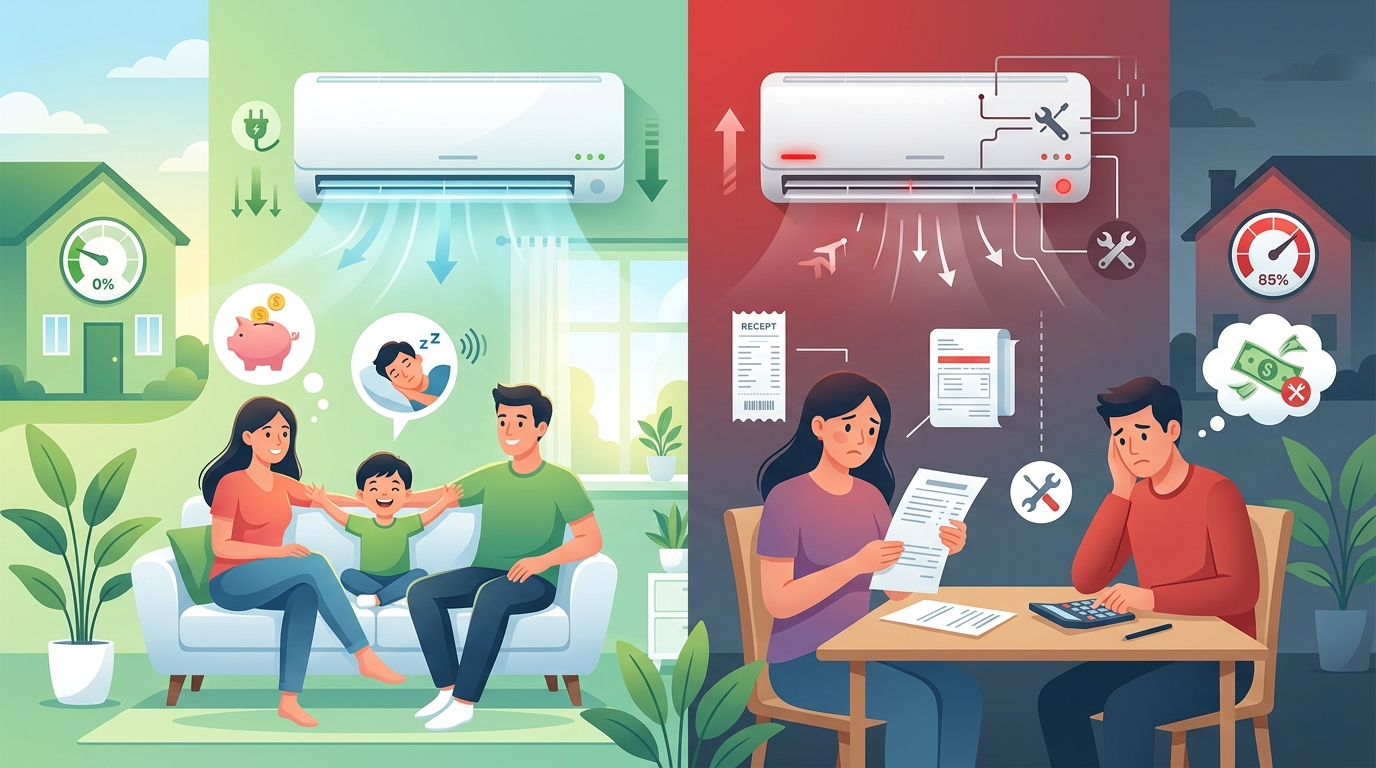 Infográfico comparando ar-condicionado inverter vantagens e desvantagens para casa.