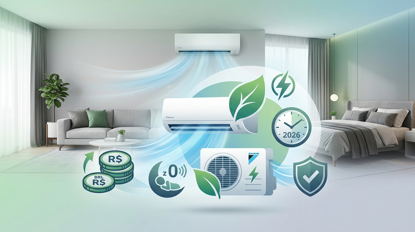 Ar condicionado Daikin é bom: infográfico mostrando economia de energia e silêncio do modelo split inverter 2026.