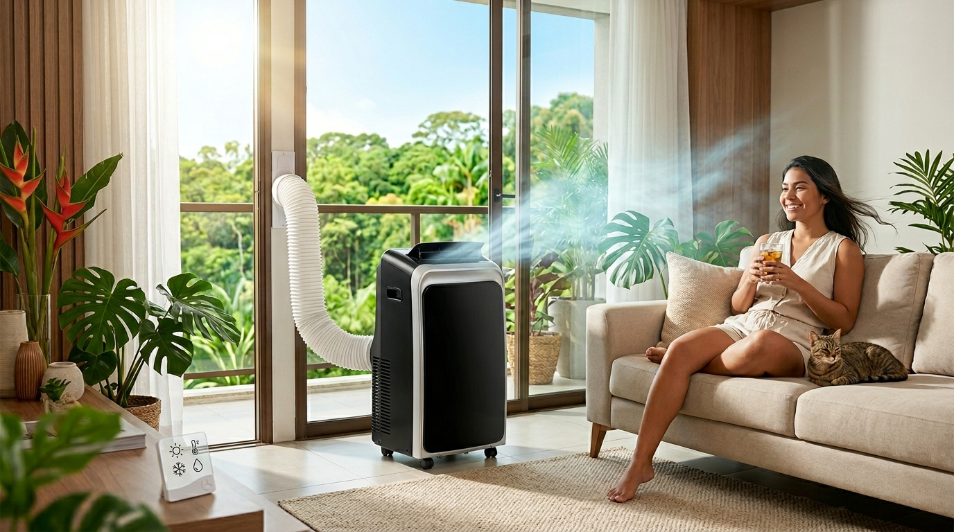 Ar Condicionado Philco Portátil é Bom mesmo? Mulher com um portatil em casa se refrescando