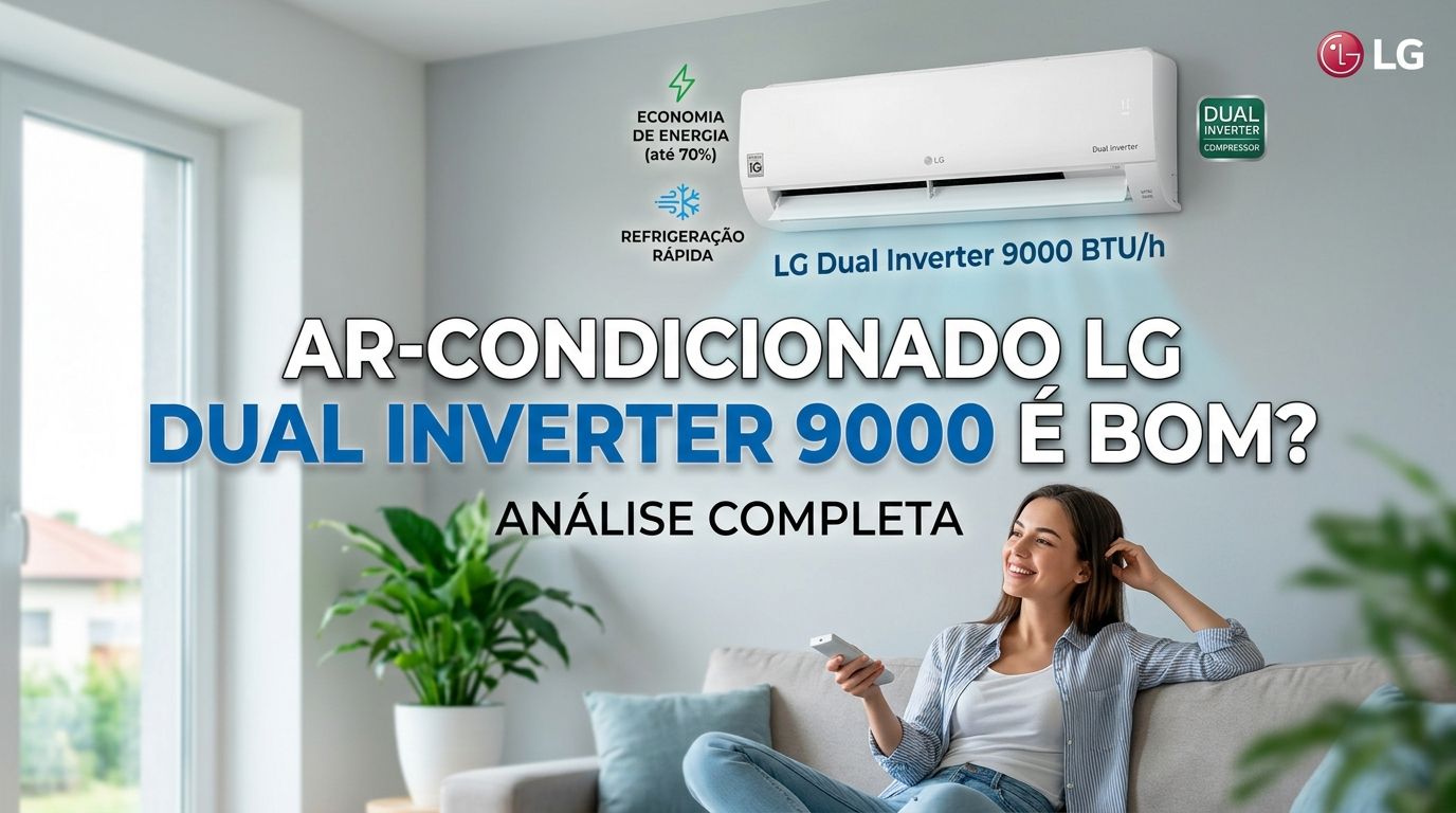 Banner promocional com o título "Ar-condicionado LG Dual Inverter 9000 é bom?". A imagem mostra um aparelho LG de 9000 BTU/h na parede de uma sala de estar clara, com uma mulher sorrindo no sofá segurando o controle remoto. Ícones indicam benefícios como economia de energia e refrigeração rápida.