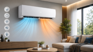 Ar-condicionado Split Elgin 18.000 BTUs Quente/Frio Inverter instalado em uma sala moderna, destacando eficiência energética, tecnologia Inverter, baixo consumo de energia e climatização para todas as estações em 2026.